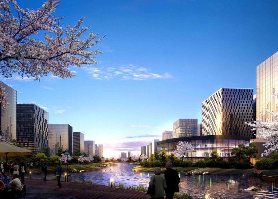The winning proposal for a new CBD in Yuhang/ Hangzhou. Under construction at the moment. Yuhang is one of the 8 satelite cities of Hangzhou and in the future will have more than a million inhabitants. It’s connected with Hangzhou by a subway system. The site is more than 4 km long end 2.5 km wide. The center of the new town features a large park along which over 50 skyscrapers will be built as well as retail spaces, opera house, exhibition center, museum, library, church, schools and hospitals and the city hall. The project is based on a new concept of planning cities. Not like before when the cities were divided into different zones…This is all Mixed Use which means you can live, work and do shopping pretty much anywhere. Which reduce the traffic jams significantly because you can easily walk to your office… Also during the COVID 19 outbreak this concept of planning the city had been found as the most functional one. Much safer for the inhabitants (as they can just walk or cycle to go to work) and was adopted by cities like Paris or London. The new city is located on an ancient canal, connecting Hangzhou with Beijing along which the business flourished over the past centuries. Thanks to this canal Hangzhou became one of the riches city in China. The main concept was to keep as many existing canals in the area as possible and creating some new once. They can be used for public transportation as well as protection of the city again heavy foods. The target for Yuhang is to become the new Chinese “Silicon Valley”.