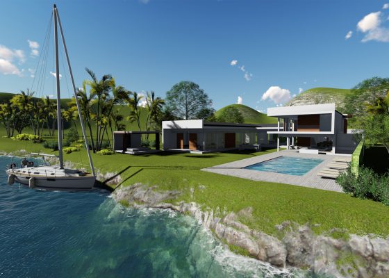 This private residence in Naia features a weekend house on the ocean front. The concept of the house was based on the ancient Japanese art where the interior of the house is blending in with the exterior and there is no separation between them. This villa features also an entrance courtyard with the water feature and a gallery space to accommodate a collection of historic cars that can be seen directly from the living room.
